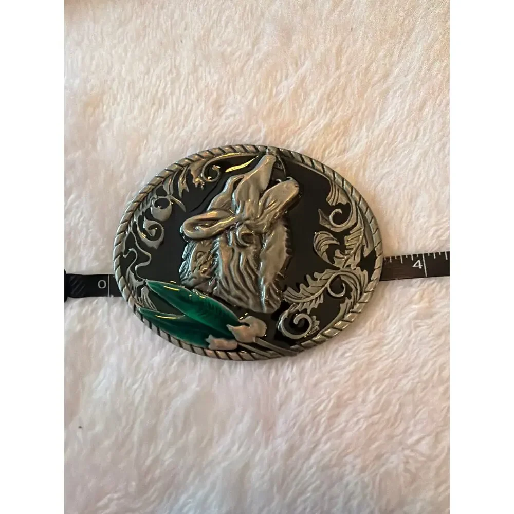 Vintage Western Horse Head Belt Buckle Black Enamel Green Feather Silver Tone